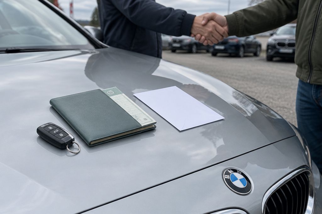 Schlüssel, Zulassungsschein und Kuvert auf der Motorhaube, im Hintergrund der Handschlag
